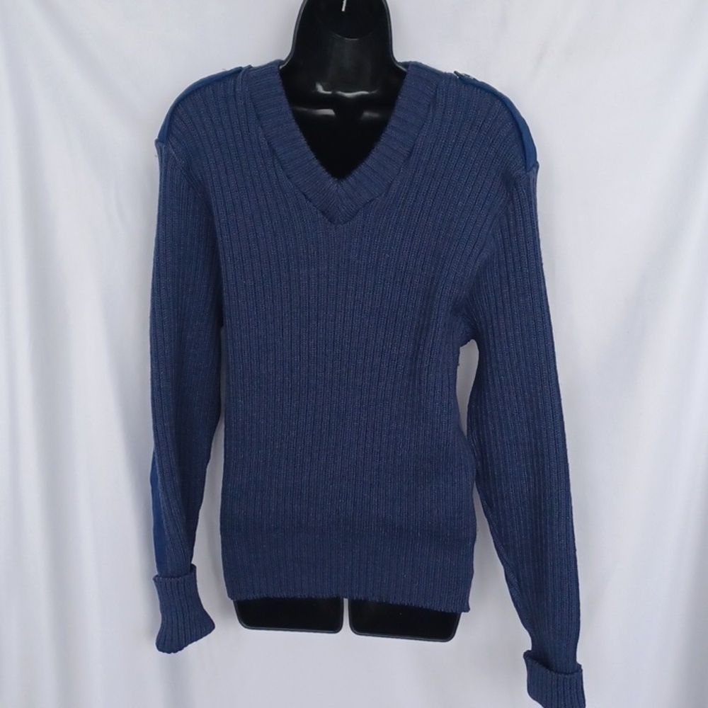 Citadel Vintage Ribbed 100% Virgin Wool V Neck Sweater with Patches, Size 42